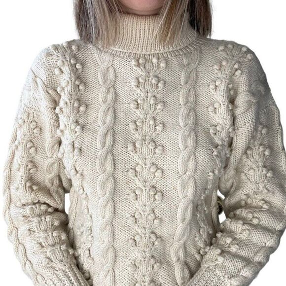 Vintage Hand Knit White Wool Chunky Fisherman Turtleneck Bobble Sweater Sz M - Picture 5 of 10